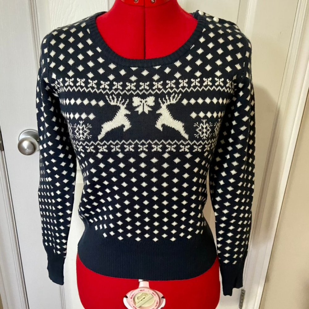 Vintage Repro Hell Bunny long sleeve dark blue winter deer sweater size Small